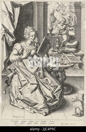 Représentation de Vanitas sous la forme d'une femme, vêtue de vêtements précieux, s'admirant dans un miroir de main, sur ses genoux un petit chien, à ses pieds un petit singe. Sur la table à côté de ses bijoux et d'un jeu de société. A travers la fenêtre derrière la dame, un putto monte avec un bandérole qui lit 'VANITAS VANITATUM, est OMNIA VANITAS'. Au-dessous de la scène deux lignes de texte en latin, Allegory de vanité (jeune dame avec miroir et puto), imprimeur: Jacob de Gheyn (II), (mentionné sur l'objet), Jacob de Gheyn (II), éditeur: Jacob de Gheyn (II), (mentionné sur l'objet), pays-Bas, 1595 - 1596, papier Banque D'Images