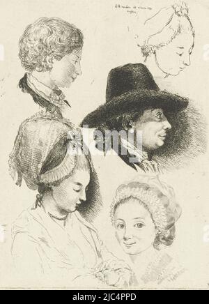 Portrait buste de Louis Bernard Coclers avec chapeau noir, à droite. Portrait buste de son fils, en haut à gauche, et sa nièce. En haut à droite et deuxième croquis de sa nièce et en bas à droite un buste de portrait de sa sœur., feuille d'étude avec portraits de Louis Bernard Coclers et de sa famille, imprimeur: Louis Bernard Coclers, (mentionné sur l'objet), Leiden, 1780, papier, gravure, h 159 mm × l 128 mm Banque D'Images