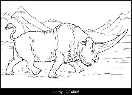 Élastonium de rhinocéros préhistorique. Dessin avec des mammifères éteints. Dessin de silhouette pour livre de coloriage. Banque D'Images