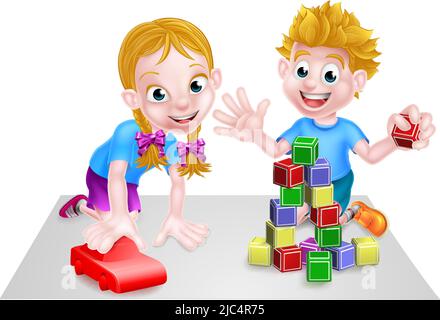 Dessin animé Boy and Girl jouant avec Blocks et car Illustration de Vecteur