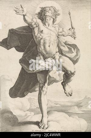 Apollon comme le dieu du soleil Helios (sol). Pendentif de Diana comme la déesse de lune Luna., Apollo comme Helios Diana et Apollo comme Luna et Helios (titre de la série), imprimeur: Jacob Matham, (mentionné sur l'objet), Cornelis Cornelisz. Van Haarlem, (mentionné sur l'objet), éditeur: Gerard van Keulen, (mentionné sur l'objet), imprimeur: Haarlem, éditeur: Amsterdam, 1589 - 1593 et/ou 1678 - 1727, papier, gravure, h 330 mm × l 225 mm Banque D'Images