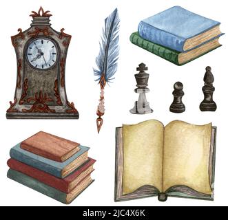 Ensemble vintage isolé sur blanc. Illustration aquarelle dessinée à la main de plumes d'encre, horloge rare, livre ouvert, vieux livres. Objets anciens sur fond blanc Banque D'Images