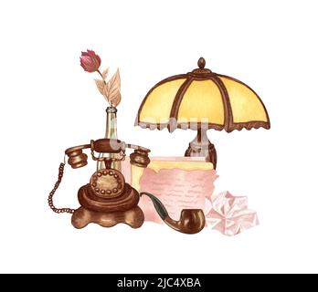 Illustration vintage isolée sur blanc. Aquarelle dessinée à la main de rose séchée, bureau lemp, lettre d'amour, vieux téléphone, pipe. Objets anciens sur fond blanc Banque D'Images