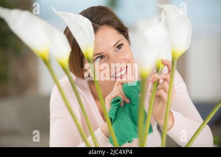 une jeune femme d'affaires vaporise des plantes dans des pots de fleurs Banque D'Images