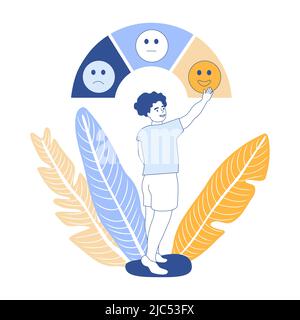 Concept de feedback. Guy choisit une évaluation positive pour le service ou le produit, le feedback du client, l'échelle de satisfaction emoji sourire. Classement d'excellence ou Illustration de Vecteur