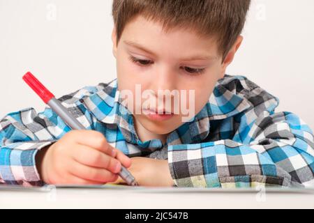 Un garçon de 4 ans tire avec un stylo feutre sur papier, passe par des labyrinthes et des tâches intéressantes pour se préparer à l'école. Banque D'Images