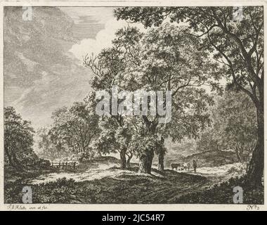 Sous de grands arbres, un agriculteur avec un personnel est debout avec du bétail. A gauche une clôture, Paysage avec un fermier et son bétail paysages avec arbres (titre de la série), Imprimeur: Franciscus Andreas Milatz, (mentionné sur l'objet), Franciscus Andreas Milatz, (mentionné sur l'objet), Haarlem, 1784 - 1808, papier, gravure, h 147 mm × l 187 mm Banque D'Images