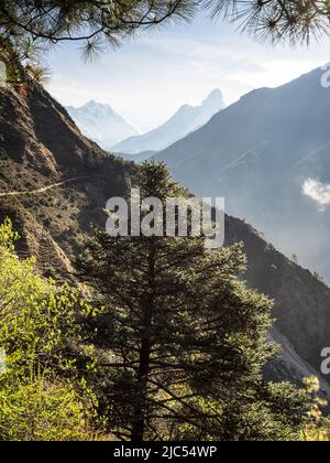 Lhotse (8516m) et Ama Dablam (6856m) de la route de trekking à Tengboche de Namche Bazar, Khumbu. Banque D'Images