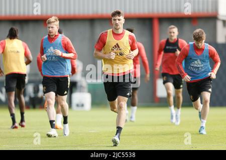 Tubize, Belgique. 10th juin 2022. Thomas Meunier (C) de Belgique photographié lors d'une session d'entraînement de l'équipe nationale belge, les Red Devils, vendredi 10 juin 2022 à Tubize, en préparation des prochains matchs de la Ligue des Nations de l'UEFA. BELGA PHOTO BRUNO FAHY crédit: Belga News Agency/Alay Live News Banque D'Images