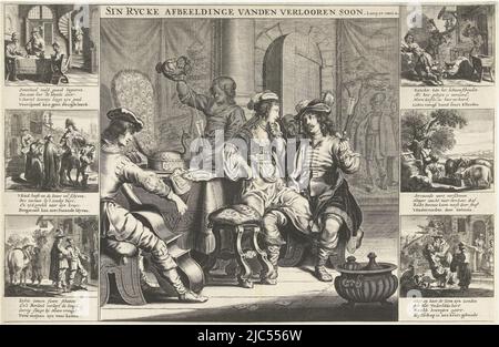 Au centre, la scène principale: Le fils prodigue dans le bordel. Il est assis à droite avec un verre à vin dans sa main gauche, et de l'autre, il caresse une femme qui est assise sur son genou. La compagnie se compose en outre d'une vieille femme, d'une femme de ménage, qui verse un verre et d'un jeune homme, qui joue la basse. La scène principale est entourée de six images plus petites représentant l'histoire du fils prodigue (Luc 4:11). Dans la marge inférieure vers., histoire du Prodigal son Sin Rycke Afbeeldinge vanden Verlooren Soon , imprimerie: Cornelis van Dalen (I), imprimerie: Pieter Nolpe, (éventuellement), éditeur Banque D'Images