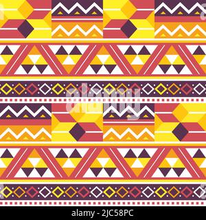 Imprimé tribal africain Kente ou motif vectoriel géométrique sans couture en tissu, motifs inspirés du Ghana en jaune, orange et rouge Illustration de Vecteur