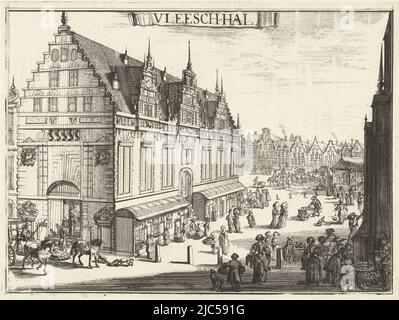 Vue sur le Meat Hall à Haarlem, avec des marchands et des clients sur la place voisine (de Grote Markt). Cette feuille fait partie d'un grand tirage présentant une grande carte de Haarlem, entourée de sept armoiries, un profil de la ville, des vues sur les bâtiments importants de Haarlem et des représentations de moments importants de l'histoire de Haarlem. Gezicht op de Vleeshal te Haarlem Vleesch-hal. Carte de Haarlem et vues de Haarlem (titre de la série), imprimerie: Romeyn de Hooghe, Romeyn de Hooghe, Haarlem, 1688 - 1689, papier, gravure, h 182 mm × l 242 mm Banque D'Images