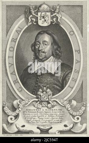 Portrait de Johann van Mathenesse, ovale avec inscription sur les bords. Van Mathenesse a été envoyé de Hollande et de la Westfriesland pendant les négociations pour la paix de Münster, au-dessus du portrait les armoiries de Hollande et au-dessous de ses armoiries familiales., Portrait de Johann van Mathenesse Celeberrimi ad pacificandum Christiani nominis orbem legati Monasterium et Osnabrugas (...) (Titre de la série), imprimeur: Cornelis Galle (II), (mentionné sur l'objet), après: Anselm van Hulle, (mentionné sur l'objet), Ferdinand III (Duits keizer), (mentionné sur l'objet), Anvers, 1648, papier, gravure, h 312 mm × l 204 Banque D'Images