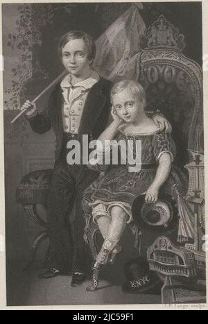 Double portrait des enfants Guillaume d'Orange, prince héritier des pays-Bas et prince Maurice d'Orange-Nassau. Le prince Guillaume d'Orange est debout avec le drapeau hollandais entre ses mains et a un bras autour des épaules du prince Maurice. Ce dernier est assis avec un chapeau à la main sur une chaise couronnée d'un escucheon, double portrait de Guillaume d'Orange, prince héritier des pays-Bas, et prince Maurice d'Orange-Nassau, imprimeur: Johannes Philippus Lange, (mentionné sur l'objet), Nicolaas Pieneman, 1847 - 1849, papier, gravure en acier, h 172 mm × l 110 mm Banque D'Images