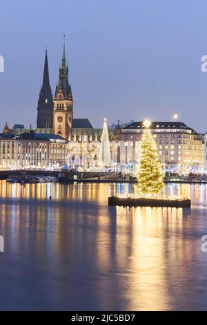 L'arbre de noël sur l'Alster avec la mairie en arrière-plan pendant la période de noël à Hambourg, Allemagne Banque D'Images