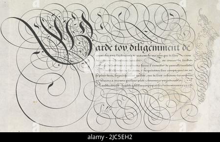 Échantillon d'écriture avec initiale ornementée G et sept lignes de texte en français: Jouet de garde ... En bas, une lettre minuscule apparaît dans la main correspondante. Le texte est encadré par scrollwork. Sur le côté droit une colonne herme ou bordure dans scrollwork. L'imprimé fait partie d'un album, écrit échantillon: Garde Toy (...) Spieghel der schrijfkonste (titre de la série), imprimeur: Simon Frison, Jan van de Velde (I), (mentionné sur l'objet), imprimeur: Haarlem, Rotterdam, 1605, papier, gravure, h 217 mm × l 334 mm Banque D'Images