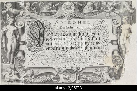 Impression d'un titre avec une bordure allégorique et un titre calligraphe. À gauche du titre se trouve Mecurius. À droite, la déesse de l'écriture tenant un stylo à douille et un rouleau de papier. En haut au centre un bouclier circulaire avec la devise: Vive la Plume comme bouclier de bord. En elle une couronne avec deux quills croisés. A côté de ce bouclier, deux hommes âgés sont barbus : à gauche Pisistratus, roi d'Athènes, et à droite, le philosophe grec Anaxagorus. A côté d'eux, deux putti atteignent pour offrir des attributs d'écriture et une lampe. Dans le fond central de la protection, une couronne en chêne et un stylo au-dessus d'une main Banque D'Images