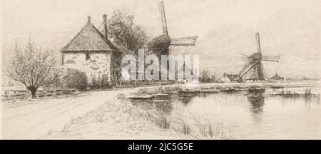 Maisons et deux moulins le long d'une rivière, imprimerie: Elias Stark, (mentionné sur l'objet), Nieuwer-Amstel, 1894, papier, gravure, h 210 mm × l 319 mm Banque D'Images