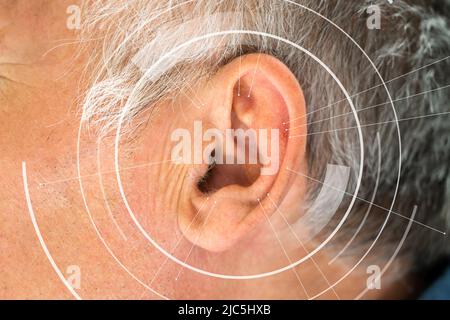 Libre de l'homme couvrant ear avec Main sur fond gris Banque D'Images
