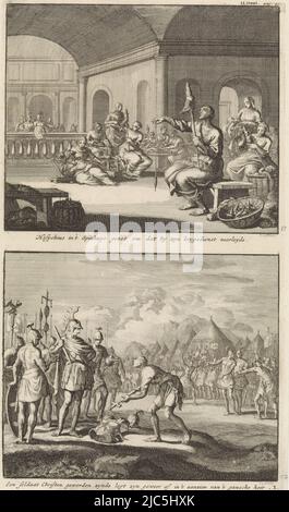 Deux représentations sur une plaque. Ci-dessus: Saint Hesychius d'Antioch est dans un magasin de tissage avec des femmes, la laine de filature avec une jupe de filature. En arrière-plan, les soldats viennent le chercher. Ci-dessous : un soldat romain converti au christianisme refuse de se battre dans l'armée et dépose son épée et son armure aux pieds de son commandant. En arrière-plan le camp de l'armée et les soldats gesticeurs, Saint Hesychius de la laine d'Antioche et le refus d'un soldat chrétien de combattre Hesychius dans 't Spinhuys put / Un soldat devenant chrétien dépose son fusil , imprimeuse: Jan Luyken, ( Banque D'Images