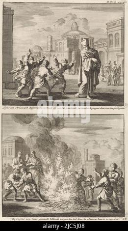Deux représentations sur une diapositive. Ci-dessus : au premier plan Lucius, l'évêque Arien d'Alexandrie sur une place. Il donne un coup de pied à une balle, interrompant le jeu de balle de certains enfants. Les enfants crient et gesticulent. Ci-dessous: Après Lucius, le patriarche Arian, a touché une balle, les enfants font un grand feu pour purifier la balle, Lucius, l'évêque Arien d'Alexandrie, marche sur une balle et purifie la balle avec le feu Licius, un évêque Arien, marche sur une balle de façon inattendue, Ainsi les garçons font un grand déracinement / ayant fait un feu, les garçons lancent la balle à travers la flamme pour la purifier , imprimer Banque D'Images
