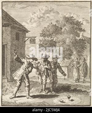 Enfants jouant avec le spinning top, imprimeur: Zacharias Chatelain (II), dessinateur intermédiaire: Jan Luyken, éditeur: Weduwe Pieter Arentsz (II), Amsterdam, 1712, papier, gravure, impression typographique, h 97 mm × l 83 mm Banque D'Images