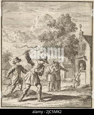 Enfants jouant avec des fouets, imprimeur: Zacharias Chatelain (II), dessinateur intermédiaire: Jan Luyken, éditeur: Weduwe Pieter Arentsz (II), Amsterdam, 1712, papier, gravure, impression typographique, h 96 mm × l 83 mm Banque D'Images