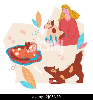 Animaux chats et chiens en bannière décorative, illustration vectorielle plate isolée. Illustration de Vecteur