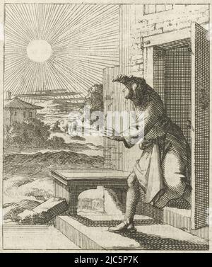 L'homme protège ses yeux du soleil lorsqu'il sort le Soleil agréable de Dieu est toute la vie Source, imprimeur: Jan Luyken, éditeur: Weduwe Pieter Arentsz (II), Amsterdam, 1689, papier, gravure, impression typographique, h 94 mm × l 81 mm Banque D'Images