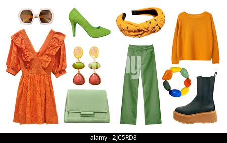 Magnifique ensemble de vêtements pour femmes isolé sur blanc. Collage de vêtements modernes orange vert. Collection de vêtements pour filles. Vêtements d'automne. Banque D'Images