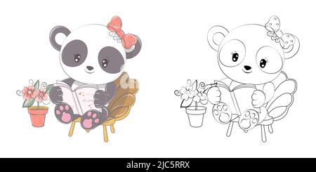 Jolie Panda Clipart Illustration et Noir et blanc. Funny clip Art Panda lit un livre. Illustration vectorielle d'un animal pour colorier des pages, des autocollants Illustration de Vecteur