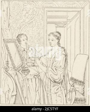 Une femme se tient devant un miroir et brad ses cheveux. En arrière-plan vient un serviteur portant un plateau sur lequel est une carafe. Un instrument à cordes peut être vu dans le premier plan gauche., Une femme à ses toilettes, imprimerie: Joannes Bemme, (mentionné sur l'objet), après: Philip van Dijk, (mentionné sur l'objet), 1800 - 1841, papier, gravure, h 112 mm × l 88 mm Banque D'Images