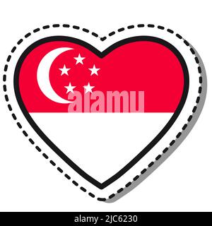 Autocollant drapeau Singapore Heart sur fond blanc. Écusson vintage Vector Love. Journée nationale. Panneau de voyage. Illustration de Vecteur