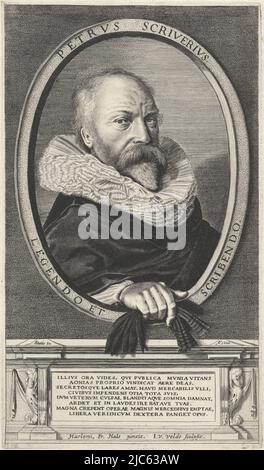 Portrait de l'historien et écrivain Petrus Scriverius à l'âge de 50 ans., Portrait de Petrus Scriverius, imprimeur: Jan van de Velde (II), (mentionné sur l'objet), après: Frans Hals, (mentionné sur l'objet), pays-Bas du Nord, 1626, papier, gravure, h 269 mm × l 156 mm Banque D'Images