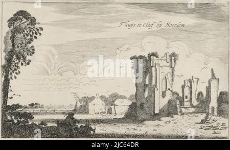 Ruine de la Maison des Clèves, au premier plan gauche un berger avec des chèvres. Sur la droite, deux personnages conversant. Quatrième impression d'une série de six, vue des ruines de huis ter Kleef T'huijs te Cleef près de Haerlem Castles (titre de la série), imprimerie: Jan van de Velde (II), éditeur: Robert de Baudouous, pays-Bas du Nord, 1616, papier, gravure, h 135 mm × l 224 mm Banque D'Images