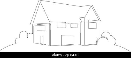 Maison de campagne simple entourée d'une végétation luxuriante dans un style de dessin d'art en ligne continu. Suburban home design linéaire noir minimaliste isolé sur blanc Illustration de Vecteur