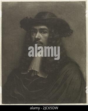 Autoportrait de Wallerant Vaillant avec chapeau, imprimerie: Wallerant Vaillant, (mentionné sur l'objet), 1658 - 1677, papier, h 220 mm × l 182 mm Banque D'Images