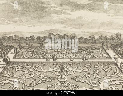 Vue sur le jardin paysager avec des promenades sur le côté sud du palais Soestdijk. L'imprimé fait partie d'une série de seize vues sur le Palais Soestdijk et le domaine environnant, jardin sur le côté sud du Palais Soestdijk, Gesigt over de Tuijn aande Zuijd Zijde met de Soeser-Engh Generale afbeeldinge Vant Lust-Huijs en Hof van sijn Koninklijcke-Gojke van Dijest-Britt-Gojke (Titre de la série), imprimeur: Hendrik de Leth, inconnu, 1725 - 1747, papier, gravure, h 132 mm × l 161 mm Banque D'Images