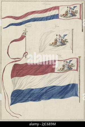 Quatre variantes du nouveau drapeau de la Marine de la République de Batave, introduit 1 mars 1796. Les différentes apparences sont: Standard, pennant, geus et drapeau. Le drapeau de la Marine se distingue par l'ajout d'un emblème allégorique dans lequel la Vierge néerlandaise et le Lion hollandais tiennent ensemble une lance avec le chapeau de liberté., drapeaux de la Marine de la République de Batavian, 1796, imprimerie: Hendrik Roosing, (mentionné sur l'objet), Rotterdam, 1796, papier, gravure, gravure, h 434 mm × l 275 mm Banque D'Images