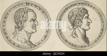 Sur la gauche, le buste de l'empereur Vespasien en profil avec le lettrage de bord. Sur la droite, buste de l'empereur Domitian et profil avec le lettrage de bord., bustes des Empereurs romains Vespasien et Domitian, imprimerie: Jan van Stalburch, (mentionné sur l'objet), Louvain, 1561, papier, gravure, gravure, d 139 mm × d 139 mm Banque D'Images