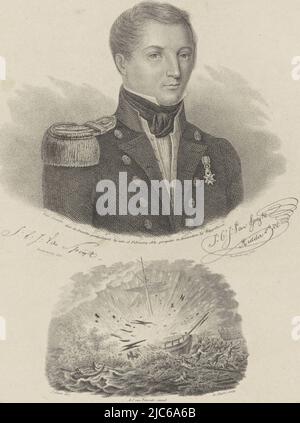 Portrait du commandant néerlandais Jan Carel Josephus van Speijk, qui a fait exploser son navire sur 5 février 1831 après qu'il est tombé dans les mains d'une foule en colère d'Anvers. Sous le portrait, l'explosion du navire, qui a tué Van Speijk, la plupart de son équipage et un nombre inconnu de Belges. Voici un poème de louange pour l'acte héroïque de Van Speijk, Portrait de Jan Carel Josephus van Speijk, imprimeur: Dirk Sluyter, (mentionné sur l'objet), J.B. Clermans, (mentionné sur l'objet), rapporteur pour avis: J. Stein, (mentionné sur l'objet), imprimeur: Amsterdam, Amsterdam, Amsterdam, éditeur Banque D'Images