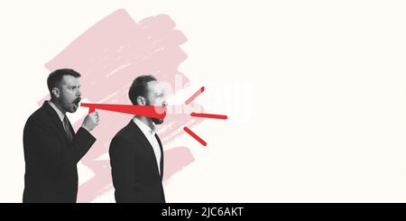 Collage d'art contemporain. Image conceptuelle. Homme criant les fausses nouvelles, faisant l'influence sur une autre personne. Manipulation Banque D'Images