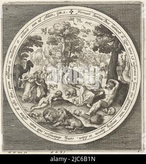 Sixième jour de création: Dieu crée les animaux et Adam et Eve. Il respire la vie dans Adam par son nez. En médaillon avec inscription en latin de Genèse 1, dans un cadre rectangulaire, Sixième jour de création: Dieu crée les animaux et Adam et Eve de la création à l'expulsion du paradis (titre de la série), imprimeur: Nicolaes de Bruyn, (mentionné sur l'objet), Maerten de Vos, (mentionné sur l'objet), éditeur: Assuerus van Londerseel, (éventuellement), pays-Bas, 1581 - 1656, papier, gravure, h 136 mm × l 128 mm Banque D'Images