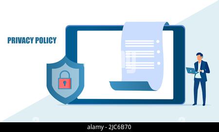 Vecteur de révision de la politique de confidentialité des documents en ligne par un homme d'affaires Illustration de Vecteur