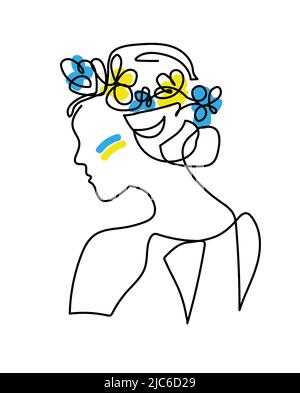 Tête en fleurs. Femme de l'arrière. Un dessin d'art continu ligne.drapeau ukrainien. Fleurs bleues et jaunes dans le vecteur tête Illustration de Vecteur