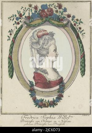 Portrait de Wilhelmina dans un ovale avec des fleurs. Dans la marge inférieure son nom et titres. En bas à gauche '15.', Portrait de Wilhelmina de Prusse, Imprimeur: Joseph Gleich, (mentionné sur l'objet), Allemagne, (éventuellement), 1767 - 1849, papier, gravure, gravure, h 217 mm × l 165 mm Banque D'Images