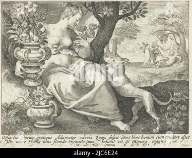 Femme comme personnification du sens de l'odorat assis dans le paysage avec des vases de fleurs, elle sent une rose tandis qu'un chien saute à elle. En arrière-plan, la création d'Adam est représentée. En marge au-dessous de deux lignes de latin, sens de l'odorat cinq sens (titre de la série), imprimeur: Nicolaes de Bruyn, (mentionné sur l'objet), Maerten de vos, (mentionné sur l'objet), pays-Bas, 1581 - 1656, papier, gravure, h 91 mm × l 118 mm Banque D'Images