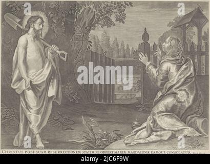 Marie Magdalene s'agenouille devant le Christ dans un paysage. Il lui fait face avec une bêche sur son épaule, la plaie sur son côté visible. À côté de Mary Magdalene est son pot de pommade. Au-dessous de la scène le titre en latin, quatre versets de quatre lignes en néerlandais et une référence au texte de la Bible dans Jean 20:11., Christ apparaît comme un jardinier de Mary Magdalene (Noli me tangere) Christus post suam ressuscités statim se obfert Mariae Magdalenae eamque consolatur Royaalbijbel (titre de la série), imprimeur : Anonyme, Jacob Neefs, Gerard Seghers, Amsterdam, 1630 - 1652 et/ou 1630 - 1702, papier, gravure, h 410 mm × l 513 Banque D'Images