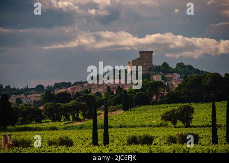 paysage et village de châteauneuf de pape , avec vignes et campagne ,provence ,vaucluse france . Banque D'Images