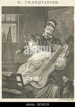 Femme joue de la guitare et siège modèle pour l'artiste, graphiste: Johannes Christiaan Bendorp, (mentionné sur l'objet), après: Reinier Craeyvanger, (mentionné sur l'objet), éditeur: Johannes Immerzeel, Pays-Bas, 1776 - 1847, papier, gravure, h 148 mm × l 113 mm Banque D'Images